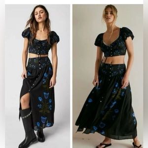 Free People Black Floral Crop Top & Maxi Skirt Set with Blue Flowers